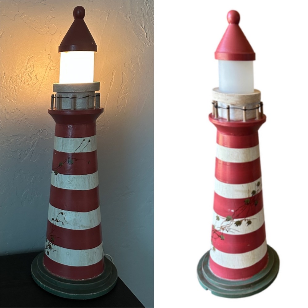 Vintage Nautical Lighthouse Table Lamp Red White Striped Wood Coastal Decor Lit